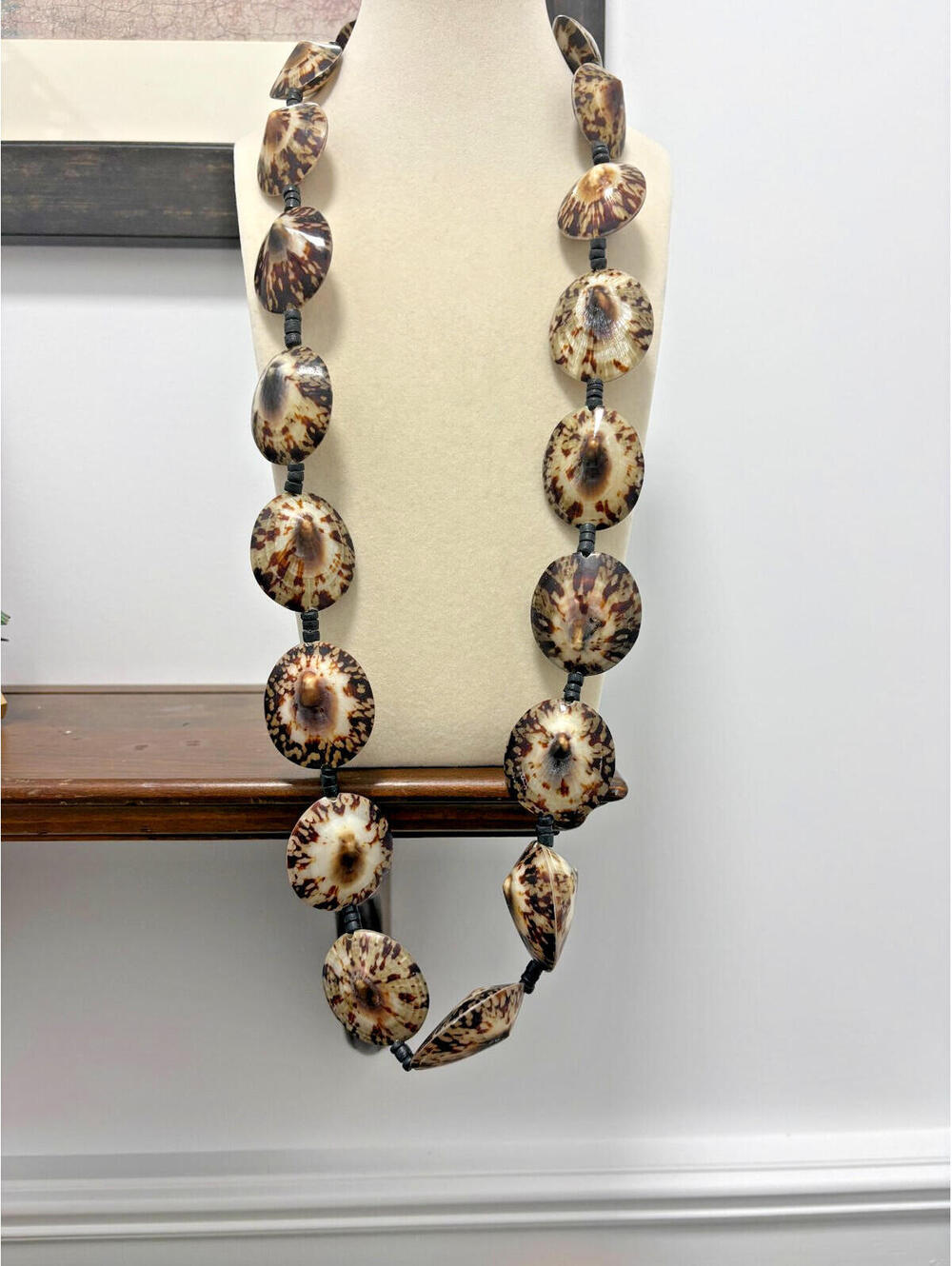 Rare Limpet Shell Necklace 32" Knotted On Ribbon 1970s Black Beads & Ribbon